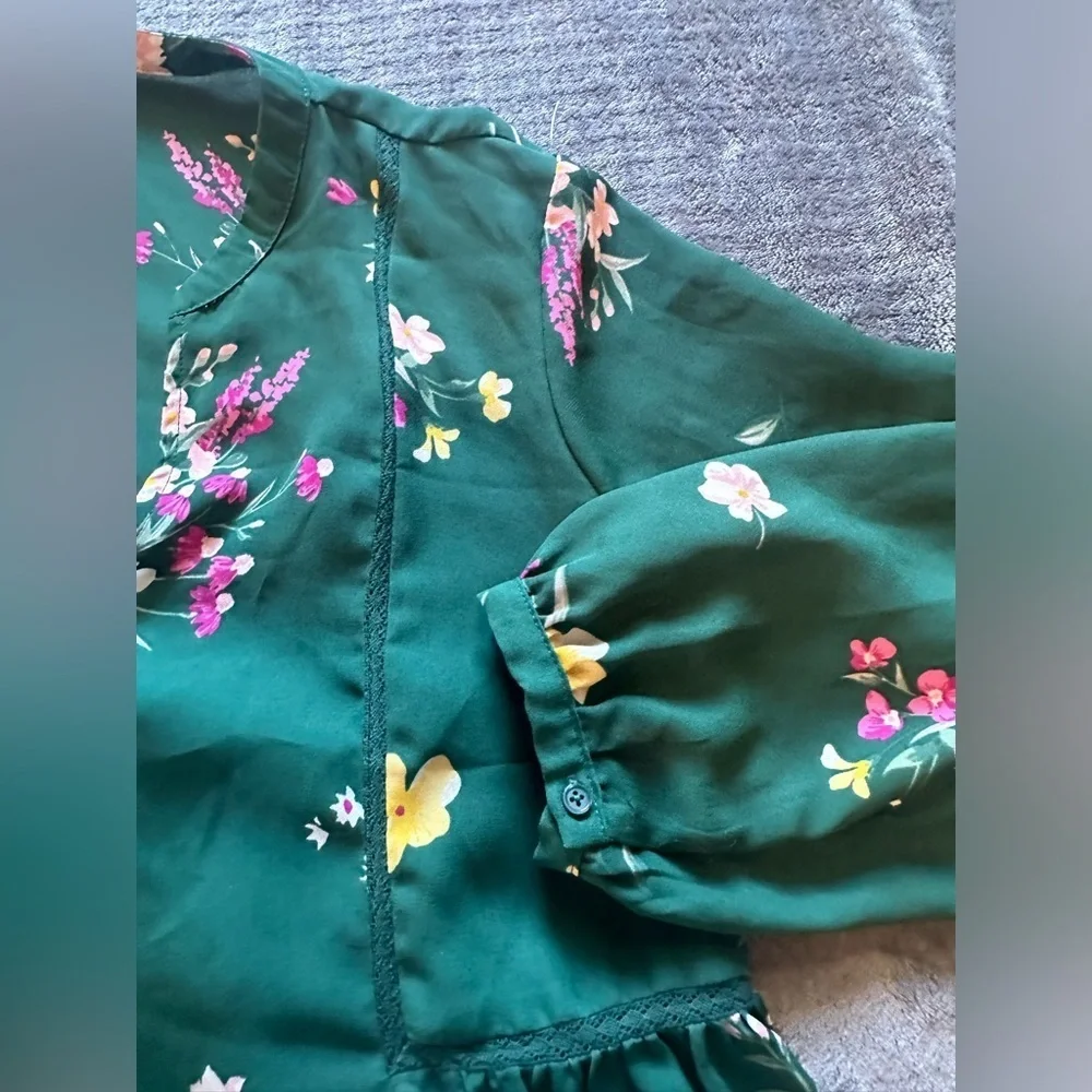 Old Navy Dress Womens Size M Green Floral Lightweight Long Sleeve Above The Knee